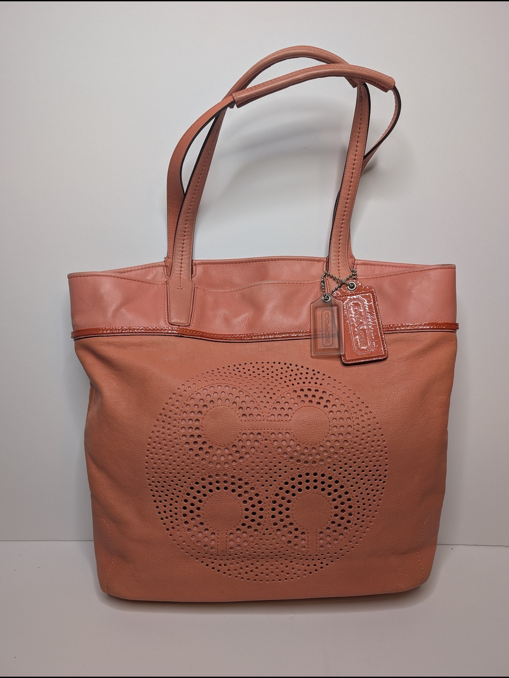 Coach Julia Leather North South Leigh Slim Peach Tote Shoulder Bag Purse 17041